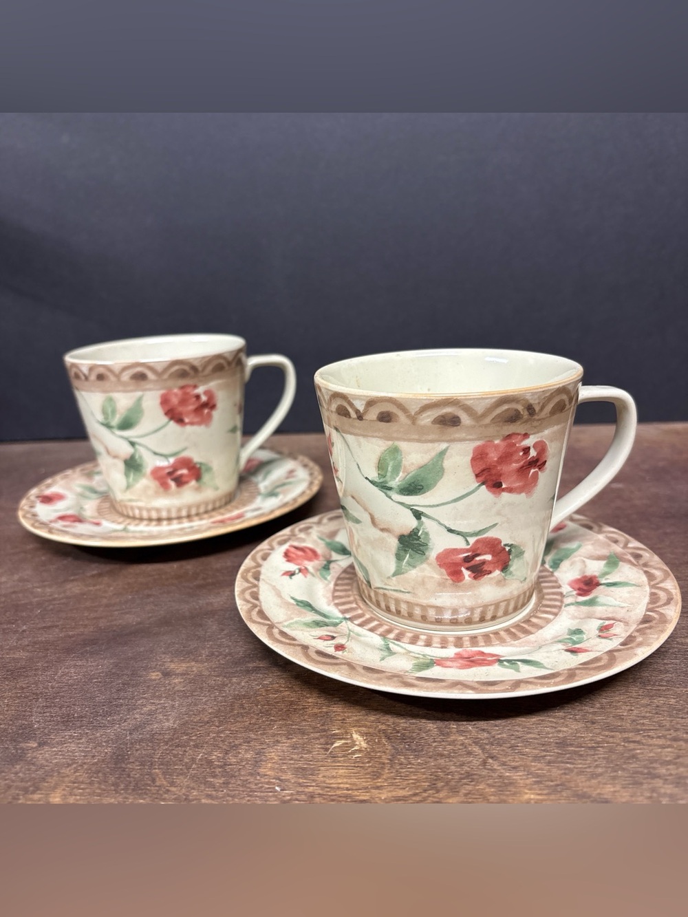 222 Fifth Cream Teacup and Saucer Set with Coral Floral Design